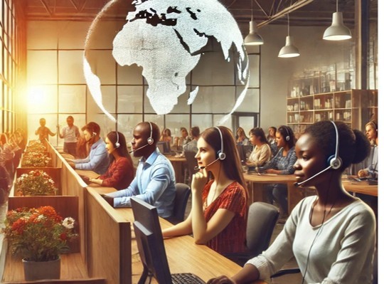 Call center agents wearing headsets at their desks beneath a globe centered on Africa